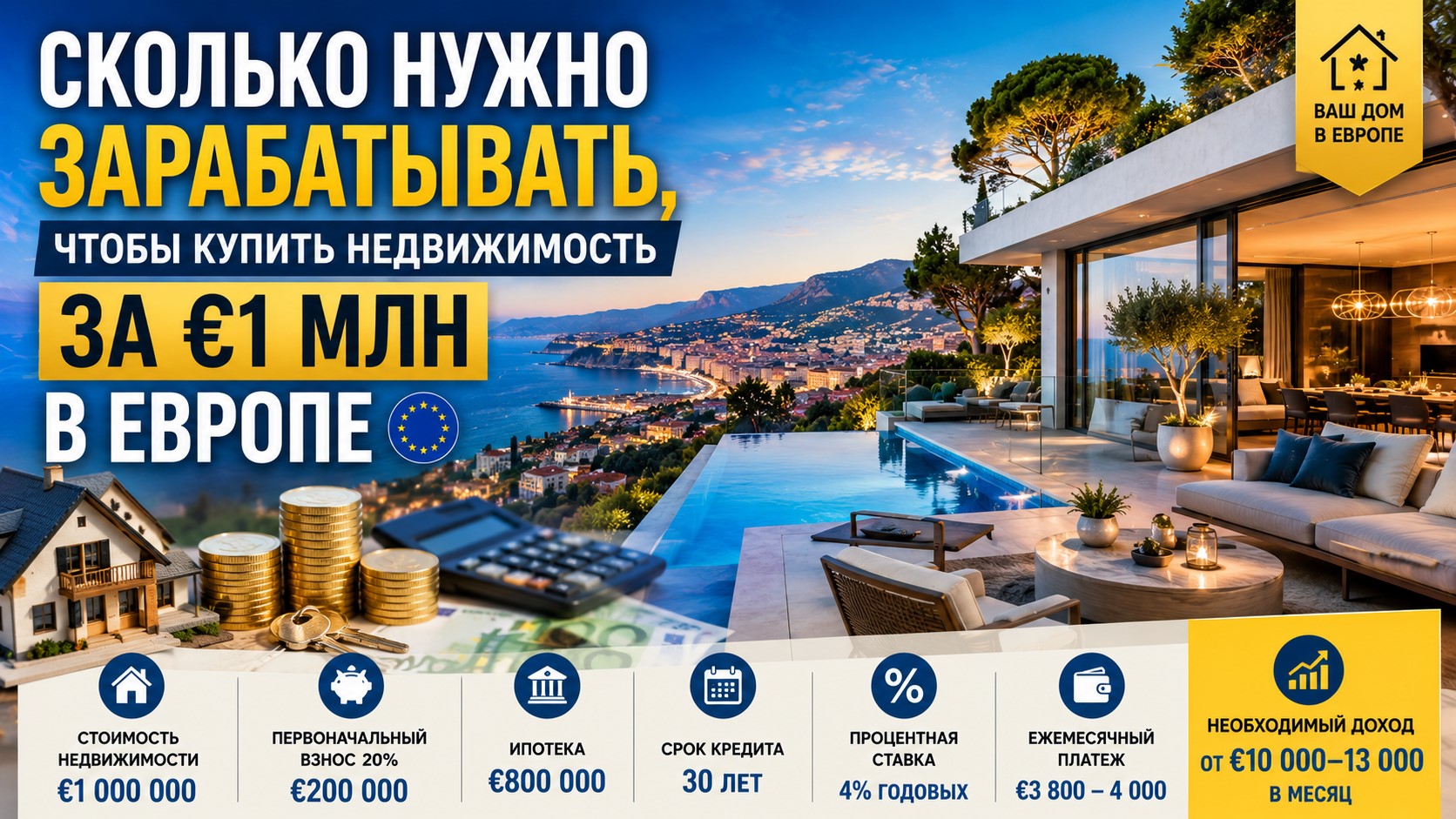 Сколько нужно зарабатывать, чтобы купить недвижимость за €1 млн в Европе?