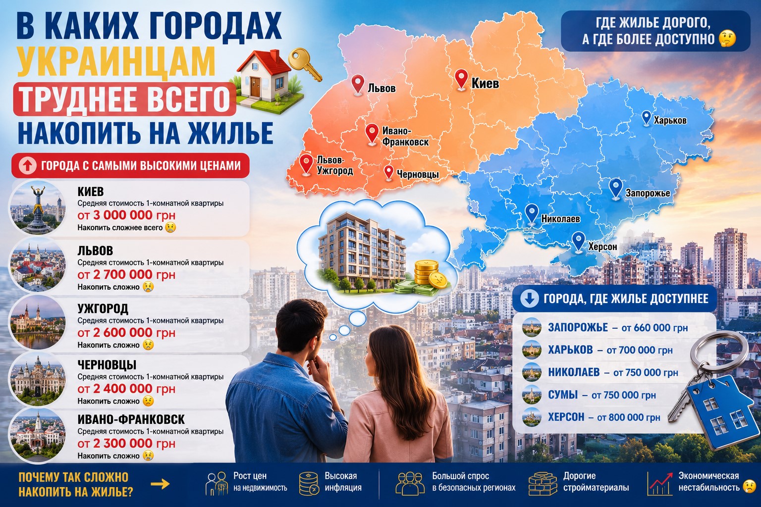 В каких городах Украины людям сложнее всего накопить на собственное жилье